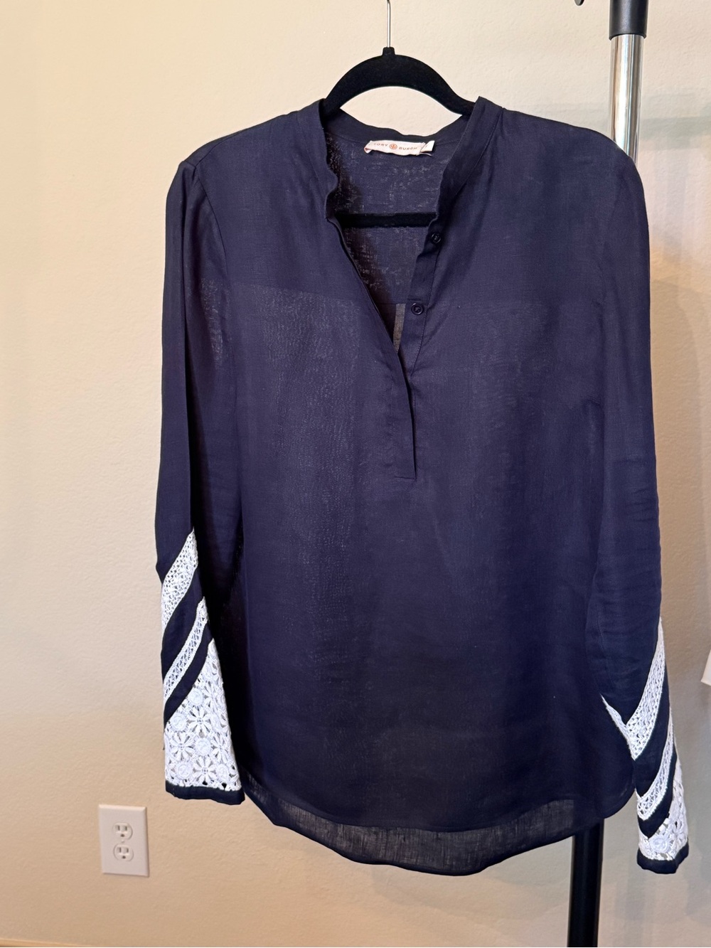 Tory Burch Navy Button-Front Shirt with White Lace Sleeve Insets